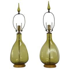 Retro Pair of Green Glass Table Lamps