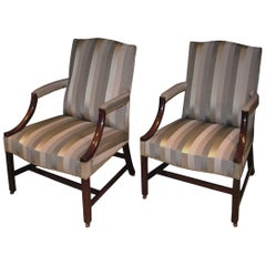 18th Century Mahogany Gainsborough Armchairs upholstered in grey striped fabric