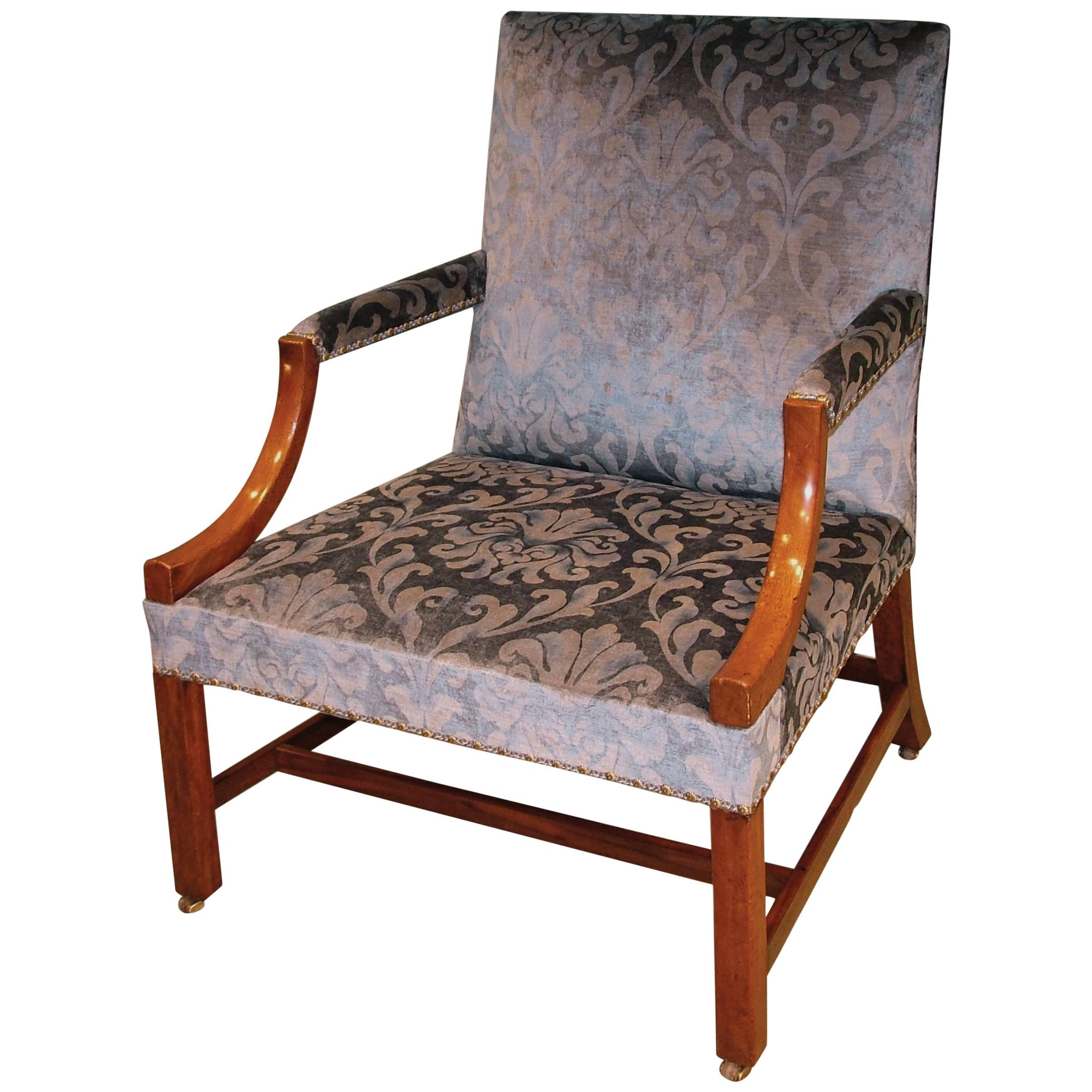 Gainsborough-Sessel aus Mahagoni des 18. Jahrhunderts mit blauem Samtbrokat