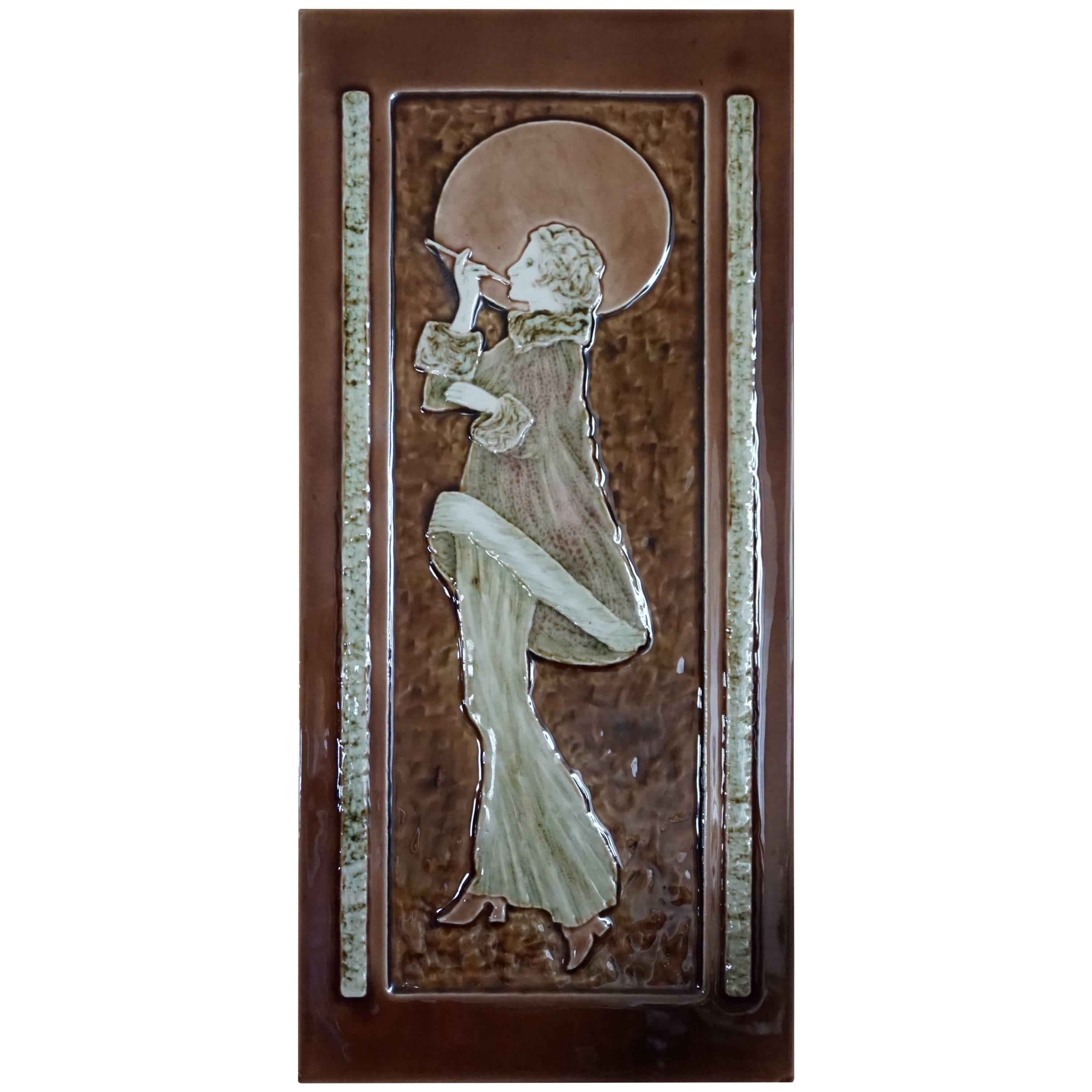 Art Deco Style Majolica Glazed Tile in Relief Lady Smoking in the Moonlight For Sale