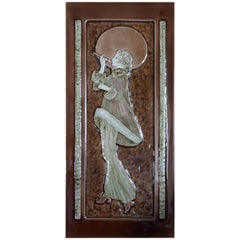 Art Deco Style Majolica Glazed Tile in Relief Lady Smoking in the Moonlight