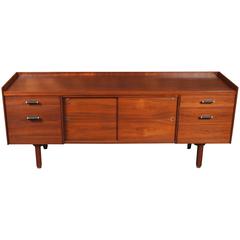 Mid-Century Walnut Office Credenza with Brass & Leather Pulls by Vista