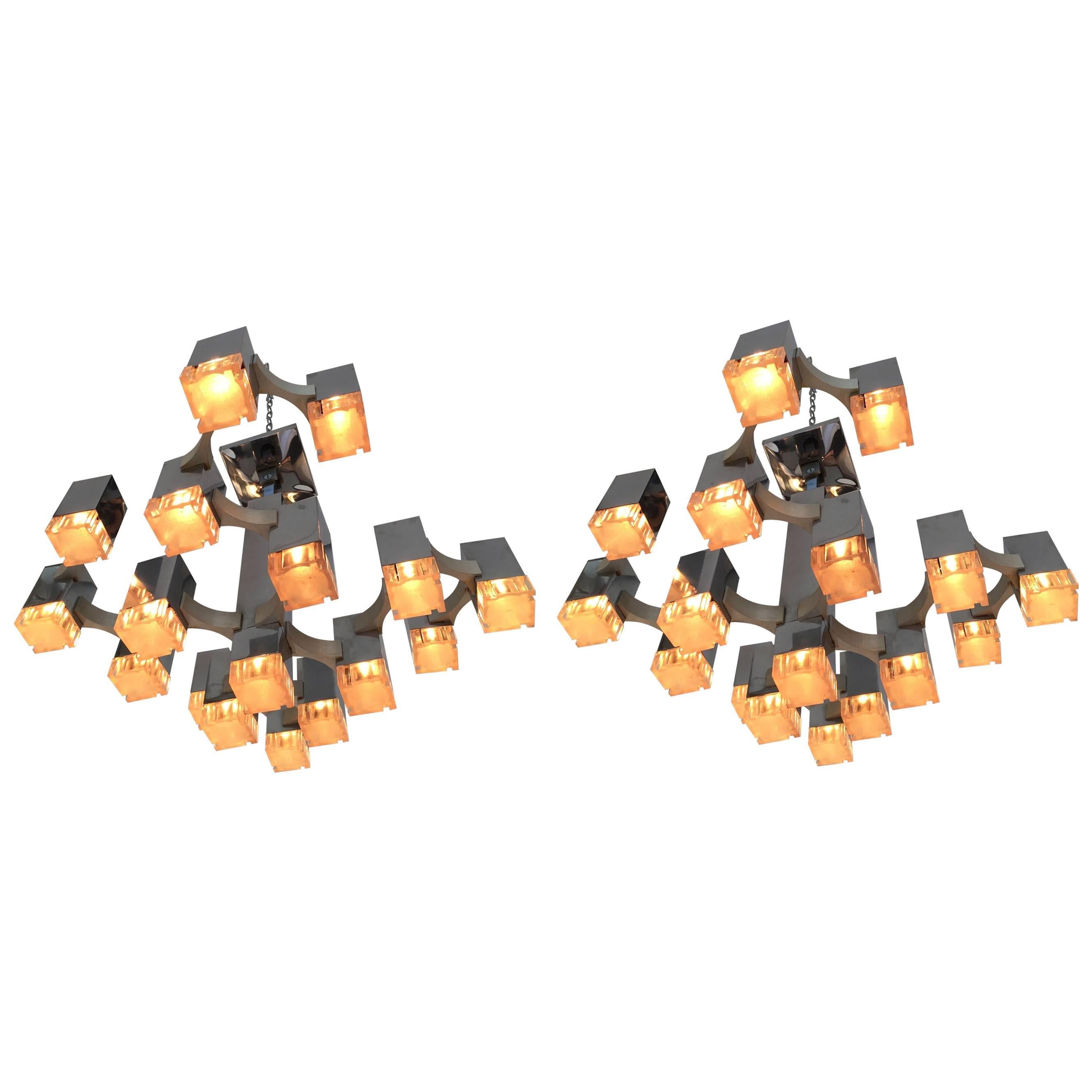 Pair of Chandeliers Cubic by Sciolari. Italy, 1970s