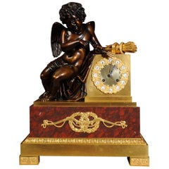 Antique Early and Fine Bronze, Ormolu and Specimen Marble Clock with Cupid