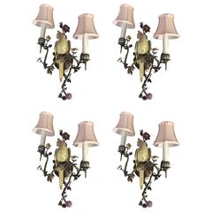 Wonderful Set Of Four Hand-Painted Porcelain Bronze Bird Flower Two-Arm Sconces