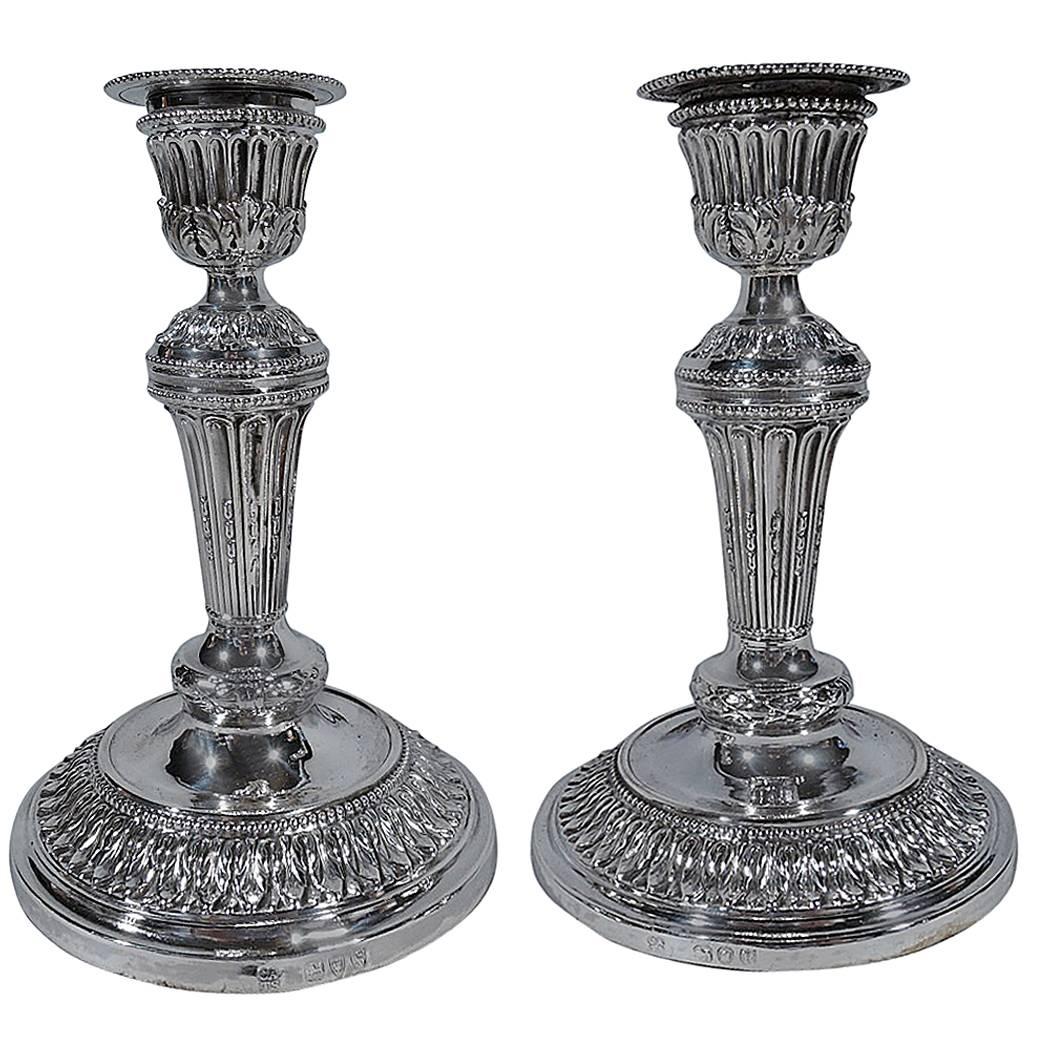 Pair of English Neoclassical Sterling Silver Column Candlesticks