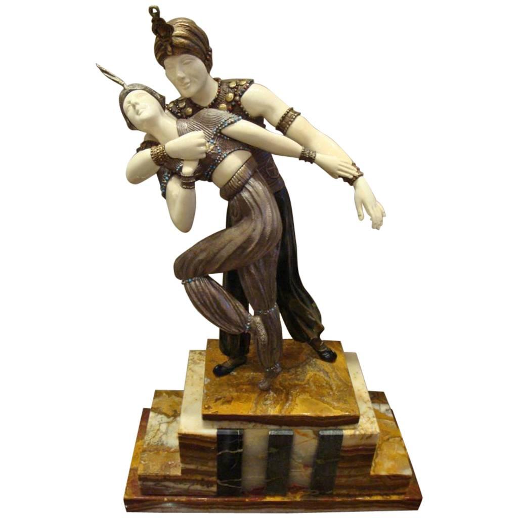 Rare Museum Quality Persian Dancers on Onyx Marble Base Inscribed DH Chiparus For Sale