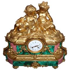 19th Century French Bronze Malachite Rhodochrosite Crystal Clock