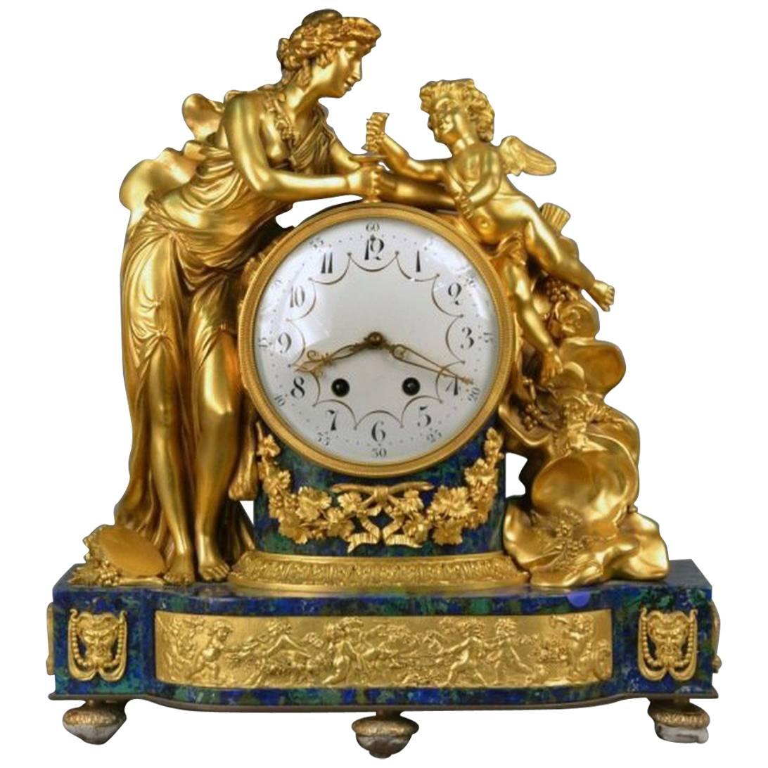 19th Century Museum Qty Gilt Bronze Lapis Malachite Cherub Cupid Psyche Clock For Sale