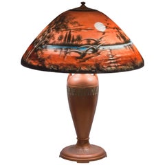 Antique Reverse Painted Table Lamp, Moe Bridges Co. Geese Flying in the Moonlight