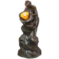 Art Nouveau Bronze Maiden in the Form of a Lamp, Artist and Shade Both Signed