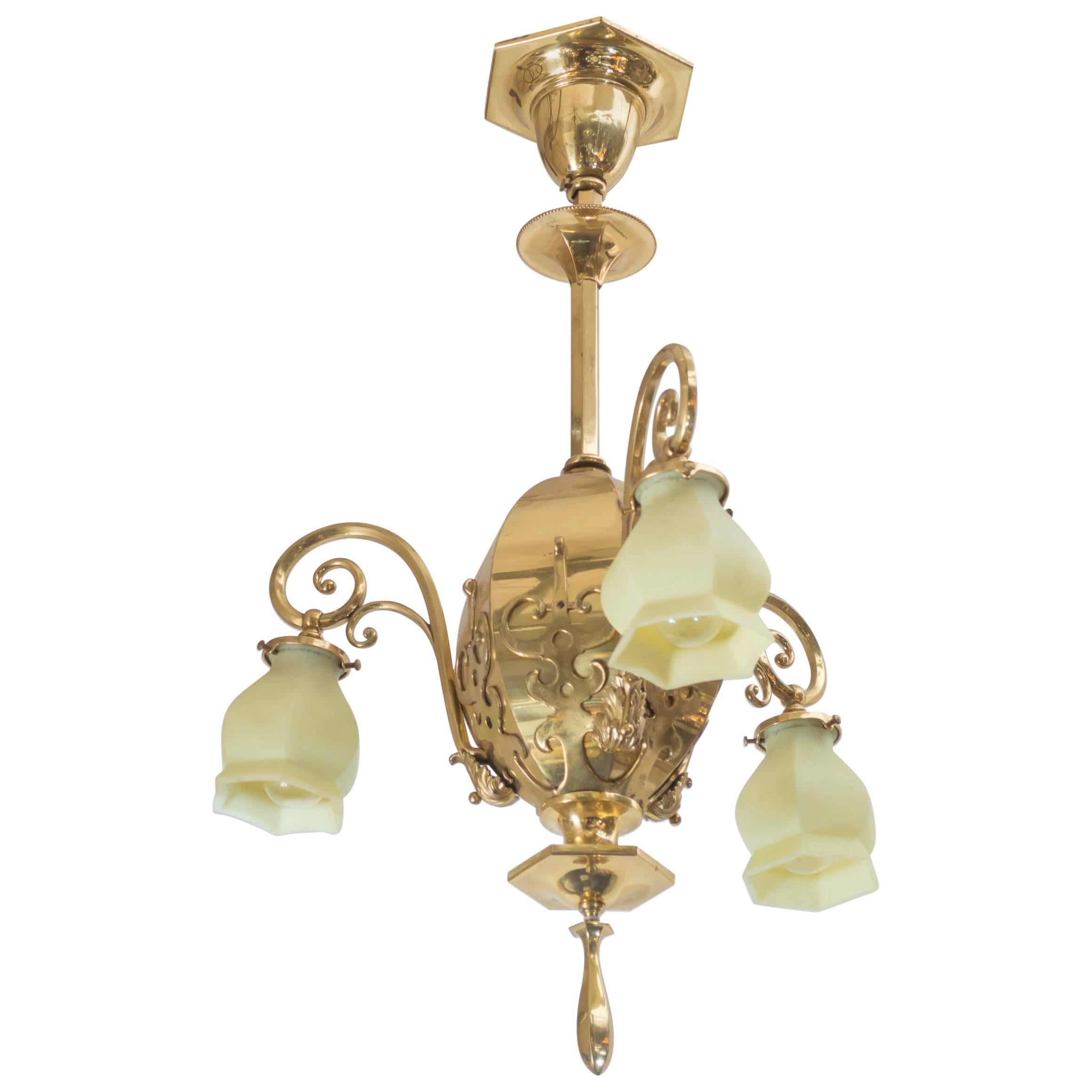 Late Victorian Three-Arm Chandelier with Original Vaseline Glass Shades