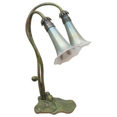 Two-Arm Bronze Lily Lamp with Pulled Feather Shades, Possibly Loetz Co