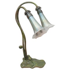 Antique Two-Arm Bronze Lily Lamp with Pulled Feather Shades, Possibly Loetz Co