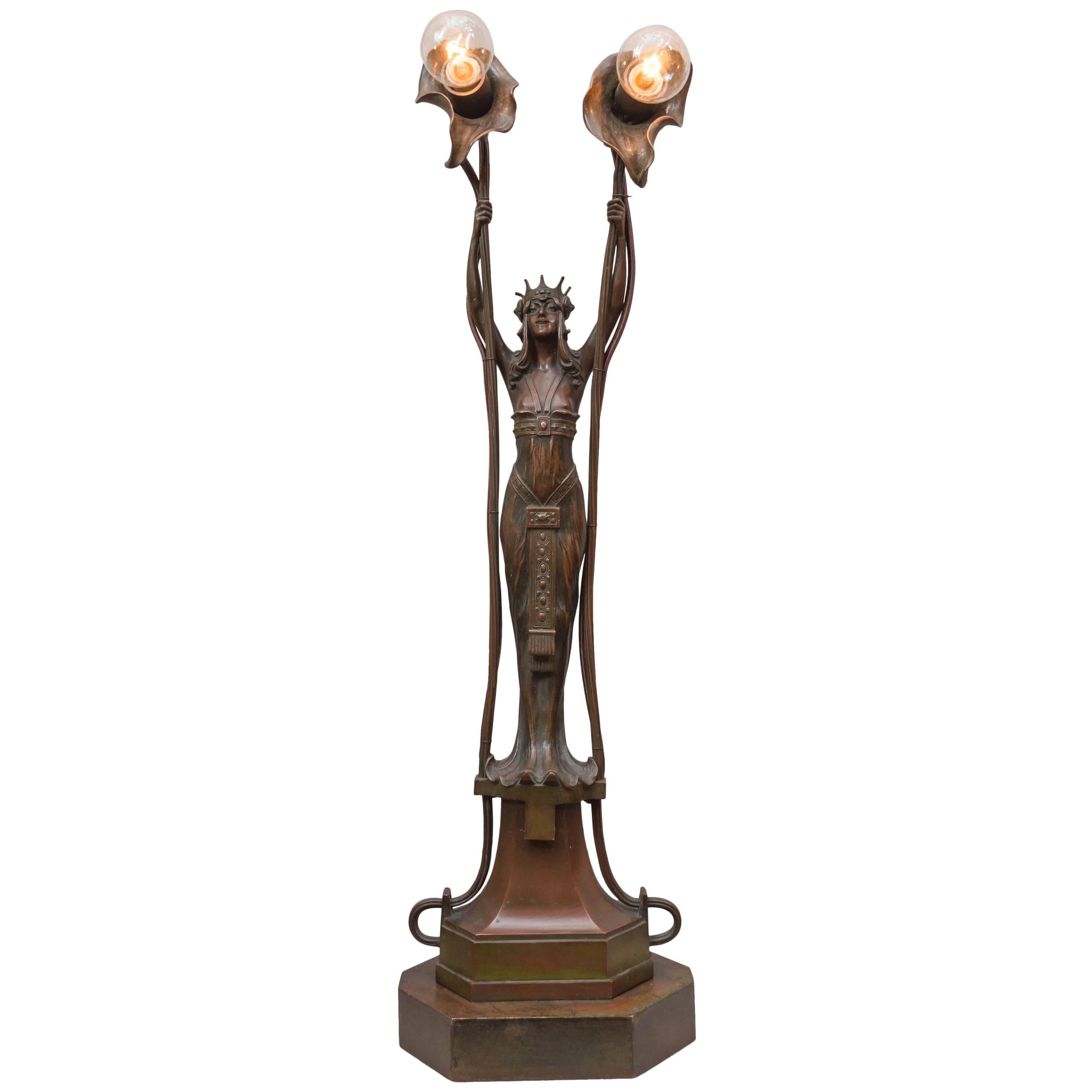 Vienna Secessionist Bronze Lamp, Maiden Holding Up two Flowers