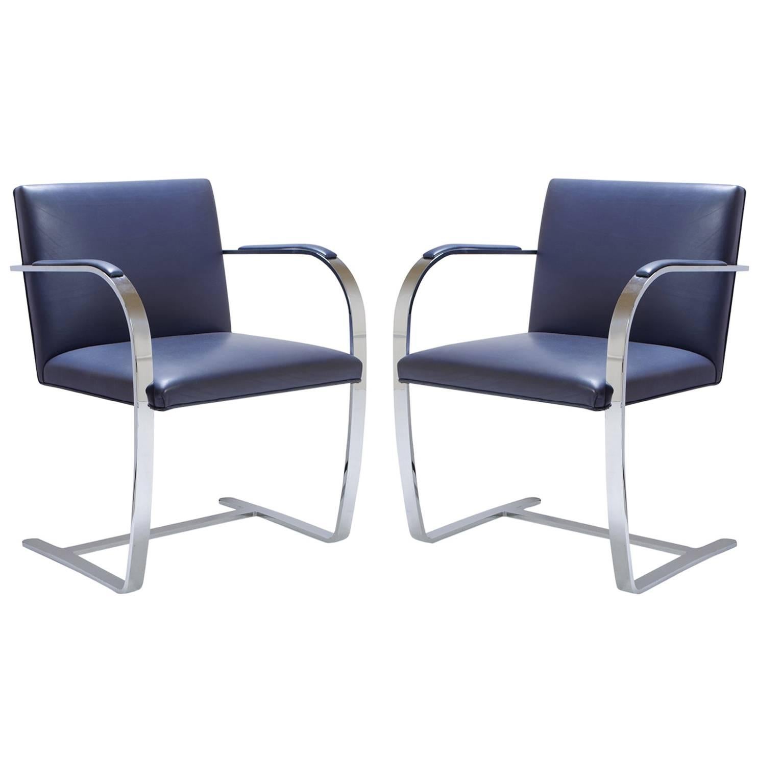 Mies Van Der Rohe for Knoll Brno Flat-Bar Chairs in Navy Leather, Pair
