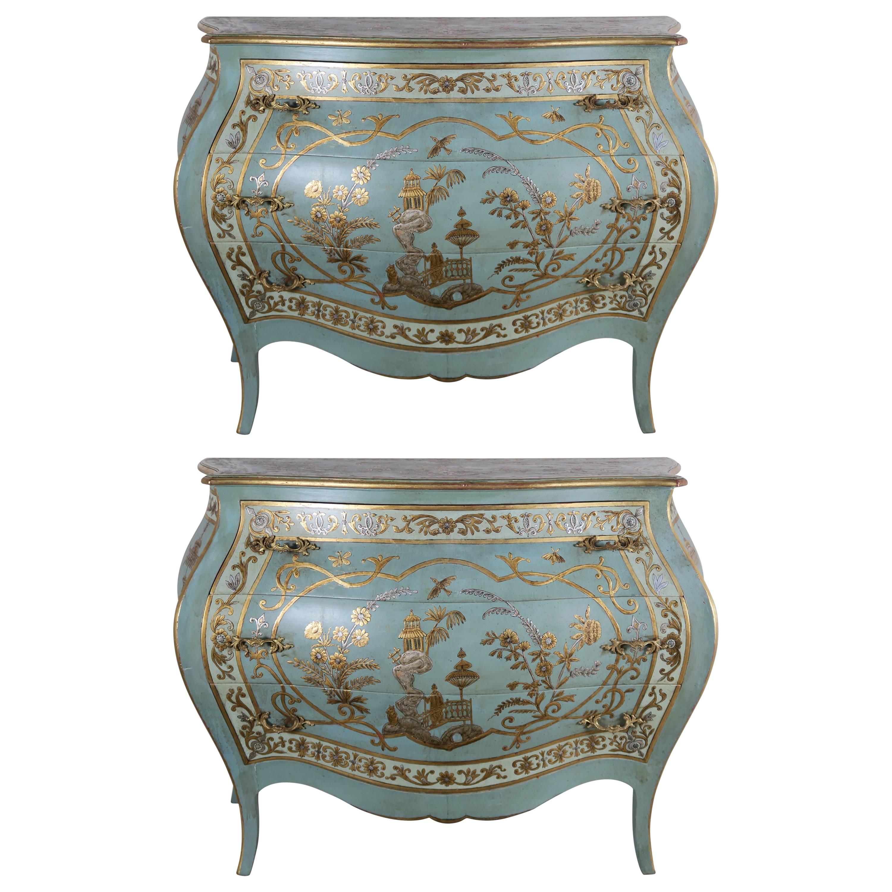 Pair of Blue Chinoiserie Painted Bombay Commodes