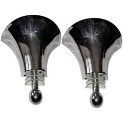 Pair of Art Deco Chrome & Glass Trumpet Sconce Wall Lights