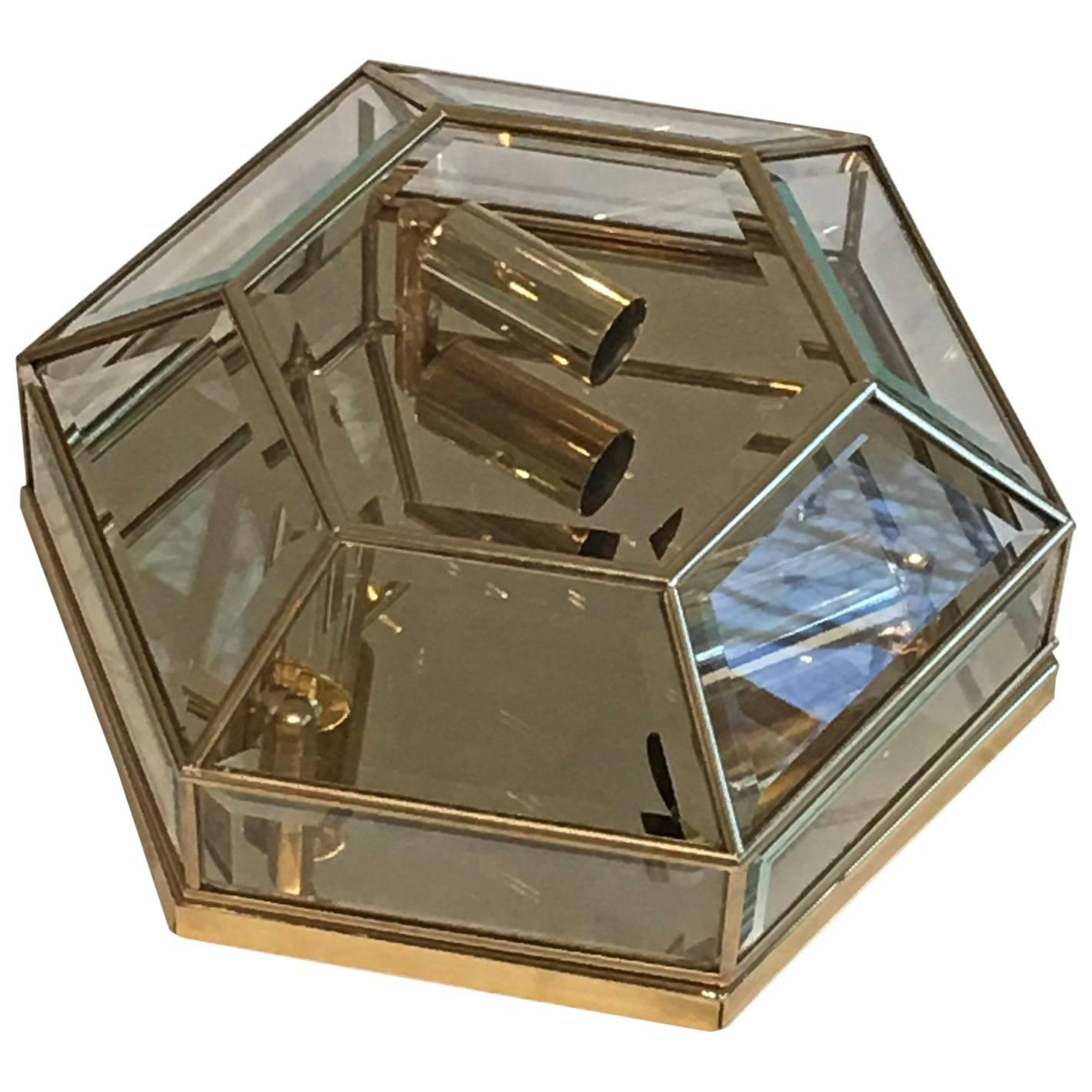 Mid-Century Modernist Hexagonal Flush Mount Brass and Glass -1970's For Sale