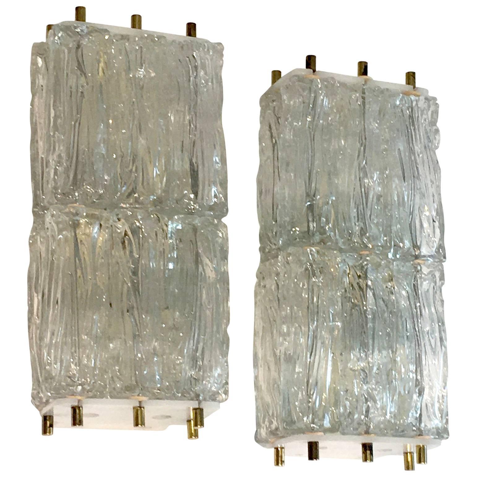 Lot of two Venini Style Sconces with Ice Block Glass For Sale