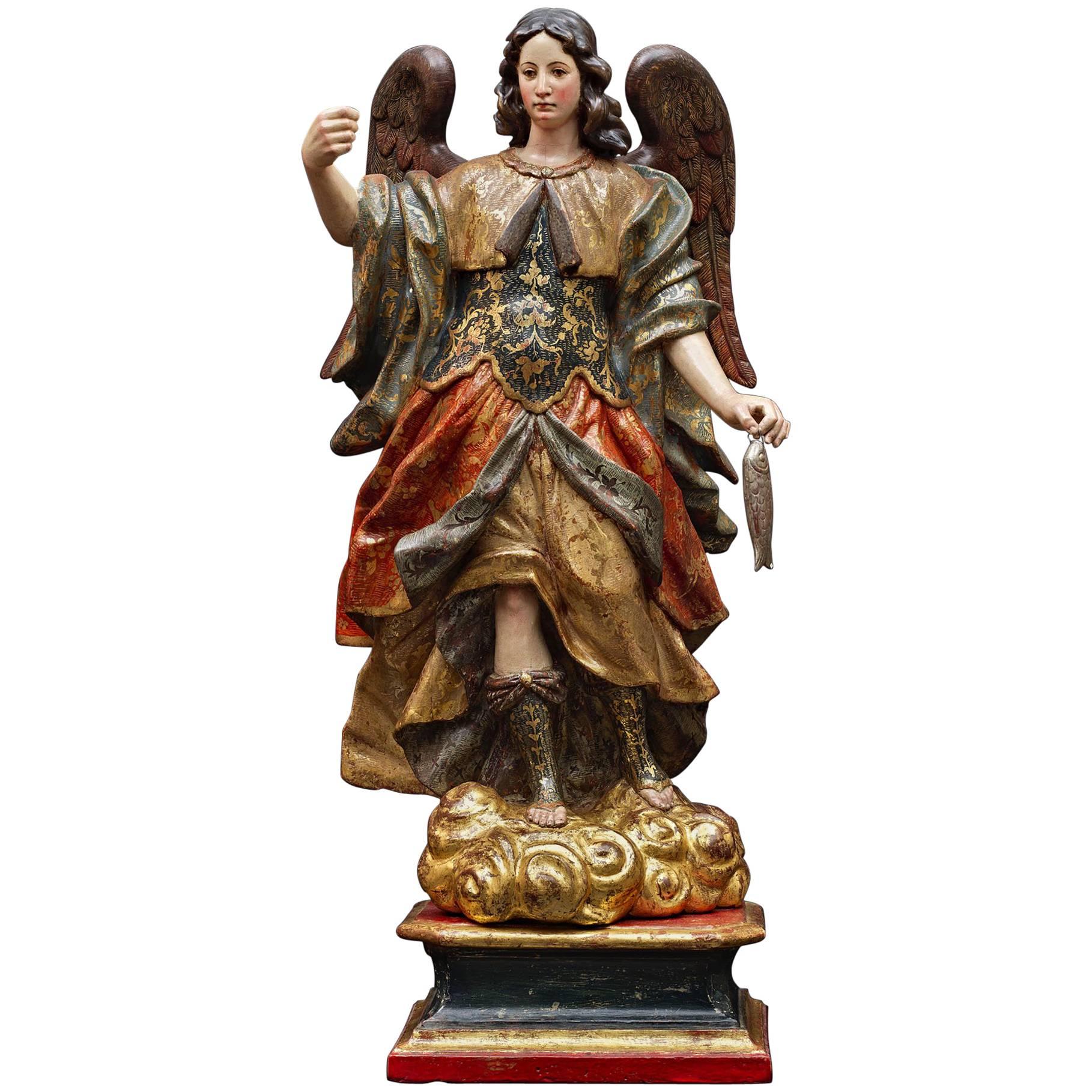 17th Century Beautiful Saint Raphael Archangel Sculpture in Carved Wood For Sale
