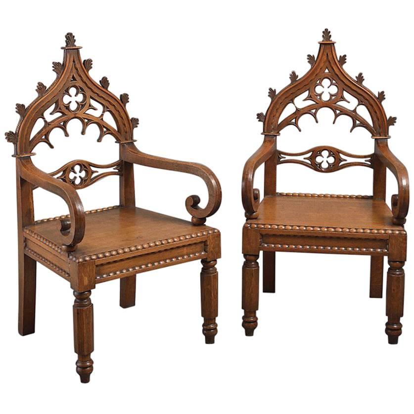 Pair of William IV Gothic Oak Armchairs