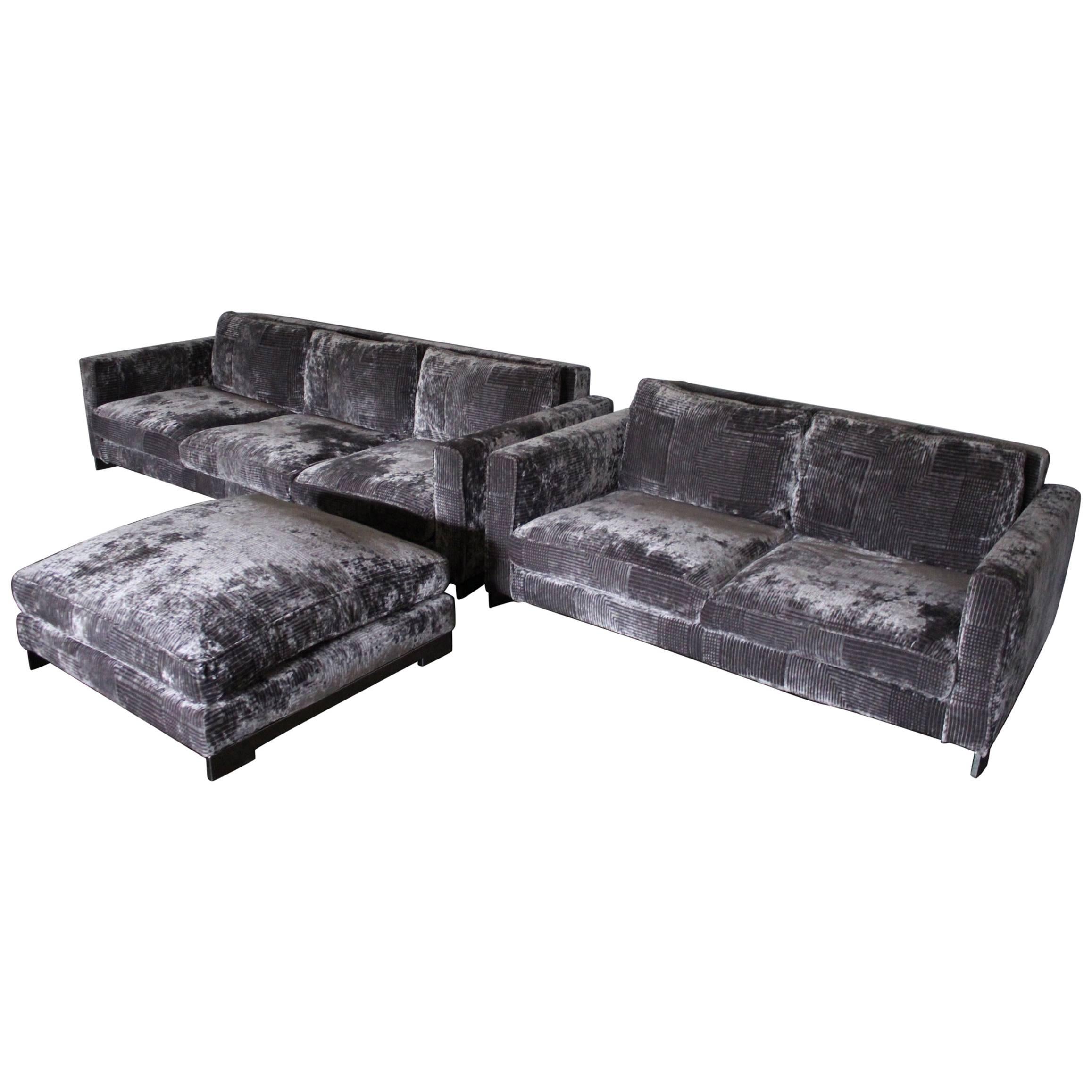 Molteni & C "Reversi" Two Sofa and Ottoman Suite in Silver Grey and Black Velvet