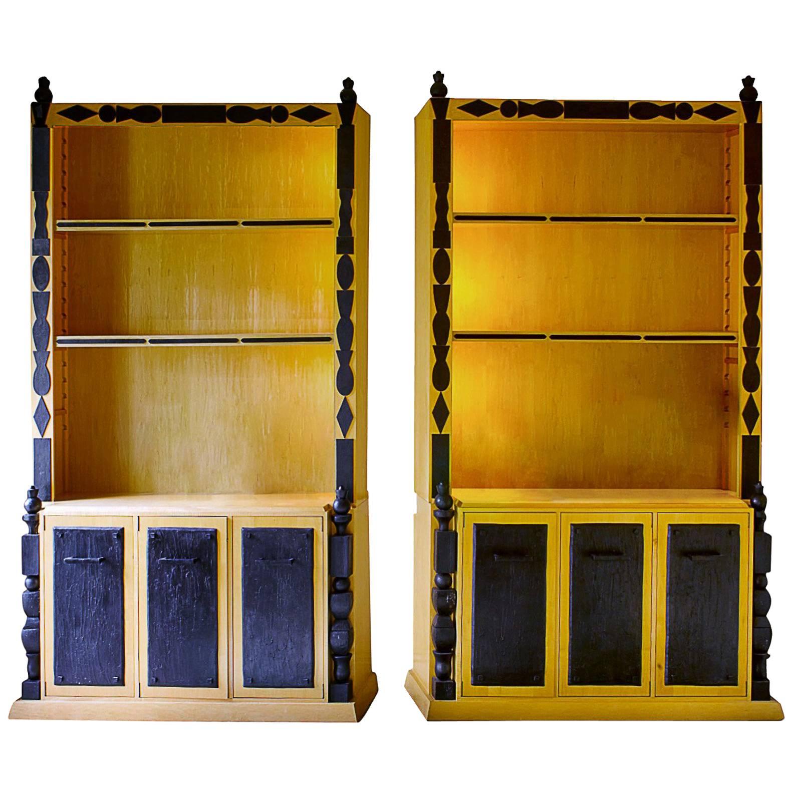 Unique Pair of Bronze & Sycamore Bookcases by Garouste & Bonetti, circa 1994 For Sale