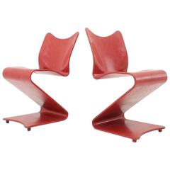 Rare Pair of Red Verner Panton Plywood Chairs S 275, 1956