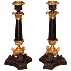 Pair of Mid-19th Century Well-Cast Bronze, Ormolu and Marble Candlesticks