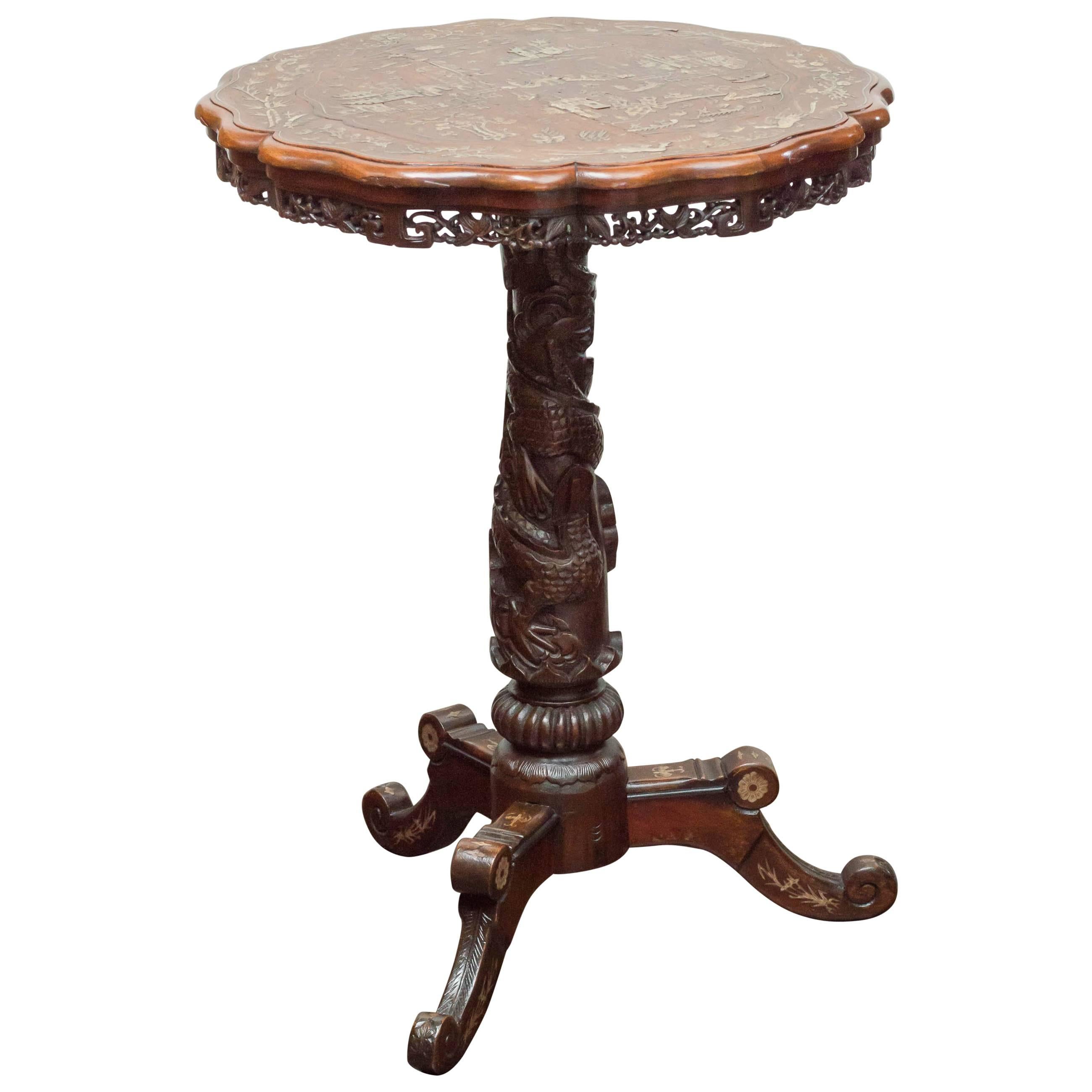 19th Century Anglo-Chinese Carved Teak and Inlaid Stand, circa 1880 For Sale