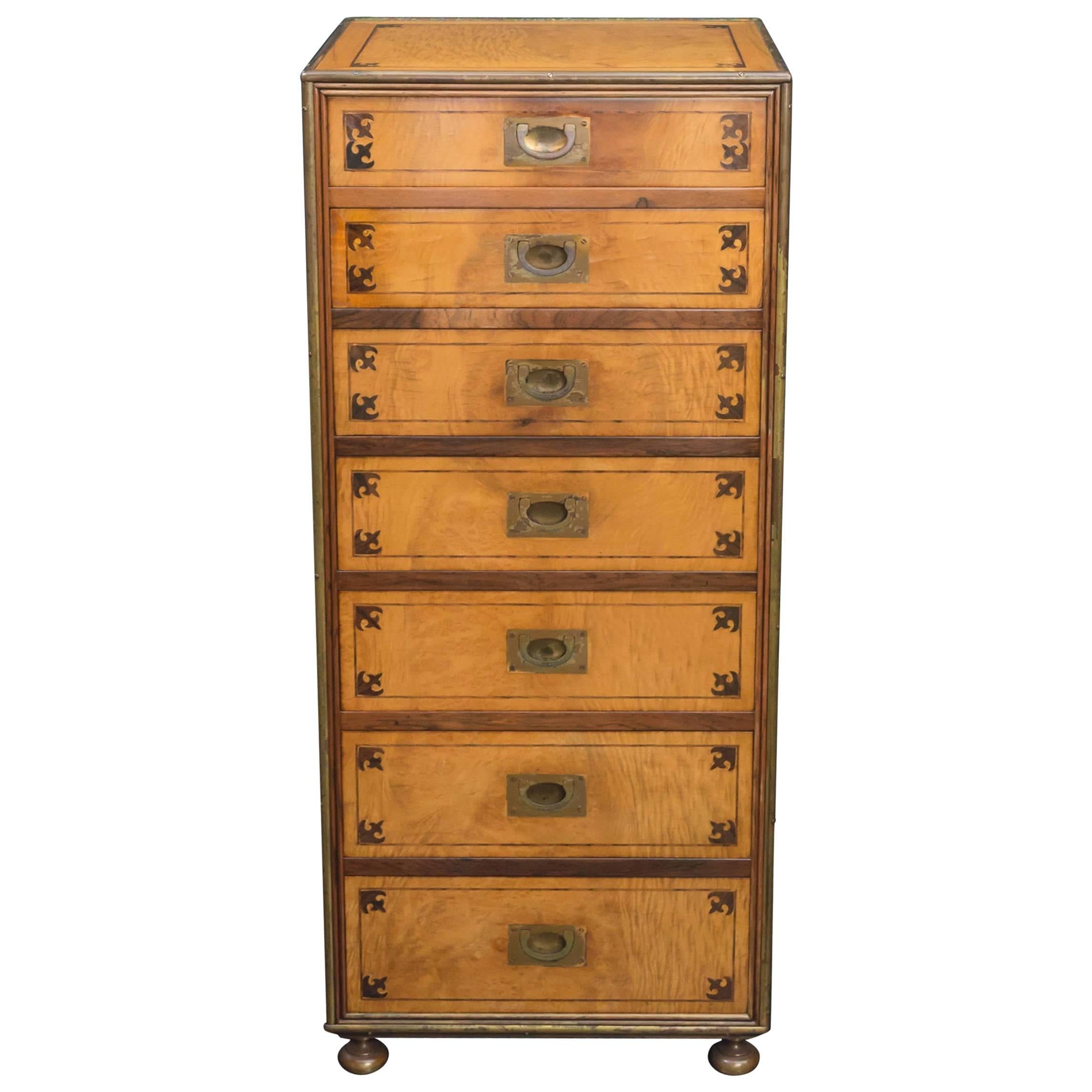 Satin Figured Birchwood Campaign Style Chest of Seven Drawers