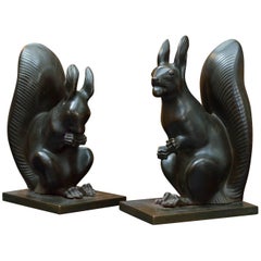 Animated Pair of Austrian Art Deco Bronze Squirrel Bookends, circa 1925