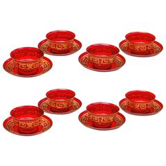 Set of Eight Fabulous Red Venetian Glass Bowls and Plates, circa 1920