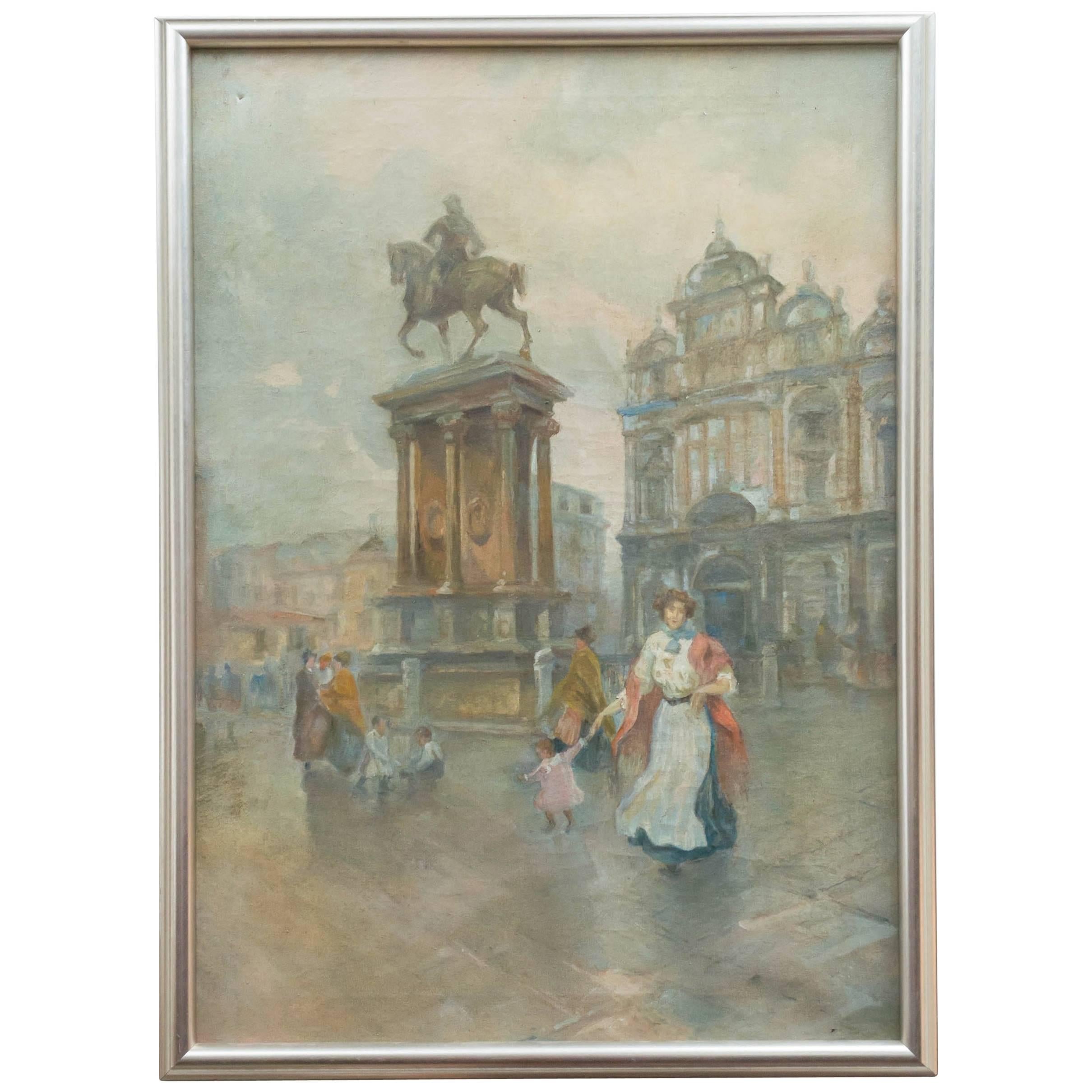 Venetian Oil on Canvas, "Campo S. Giovanni & Paolo Monumento Colleoni" For Sale