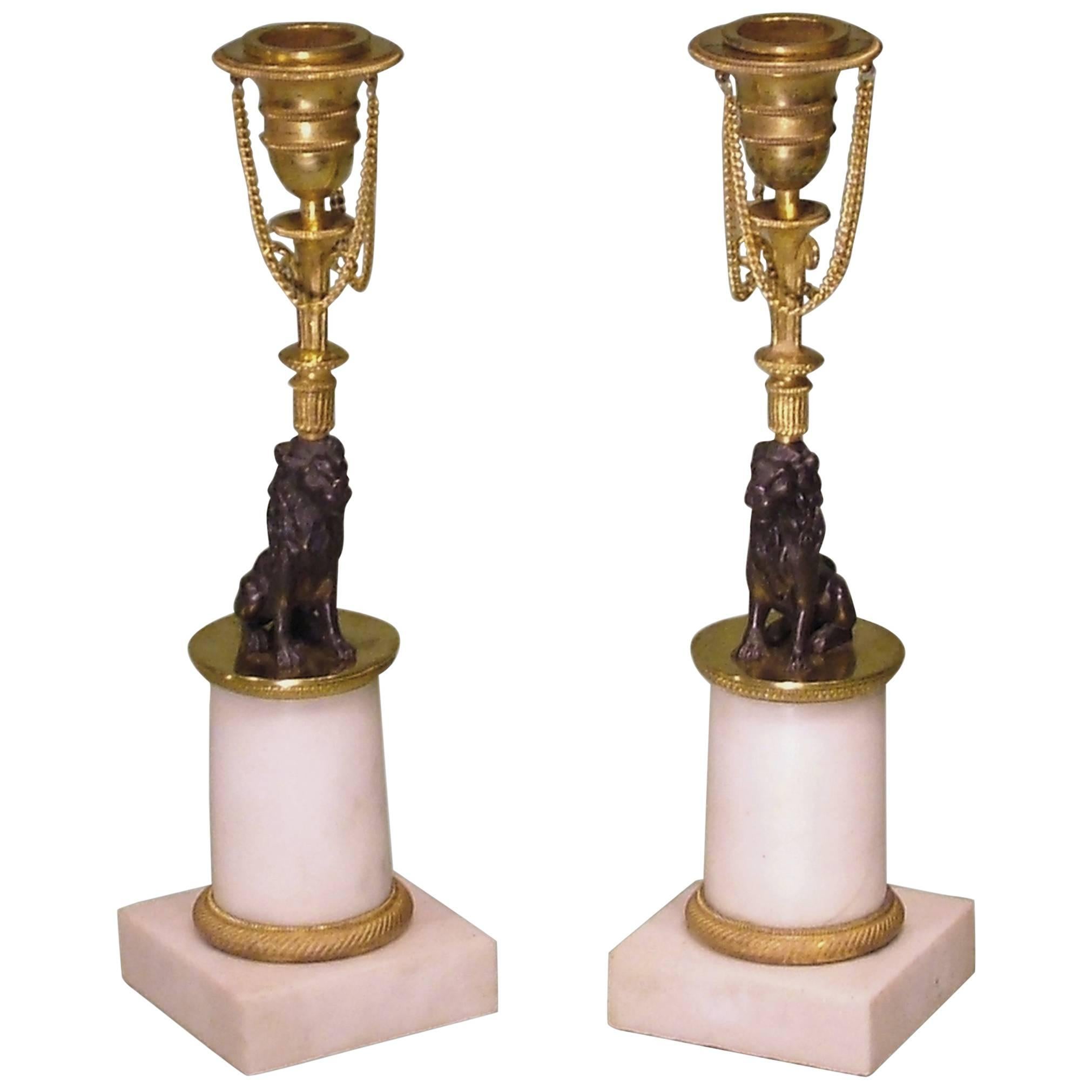 Pair of 19th Century Bronze Ormolu and Marble Lion Candlesticks