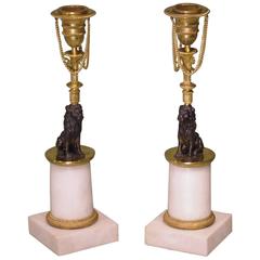 Pair of 19th Century Bronze Ormolu and Marble Lion Candlesticks 3