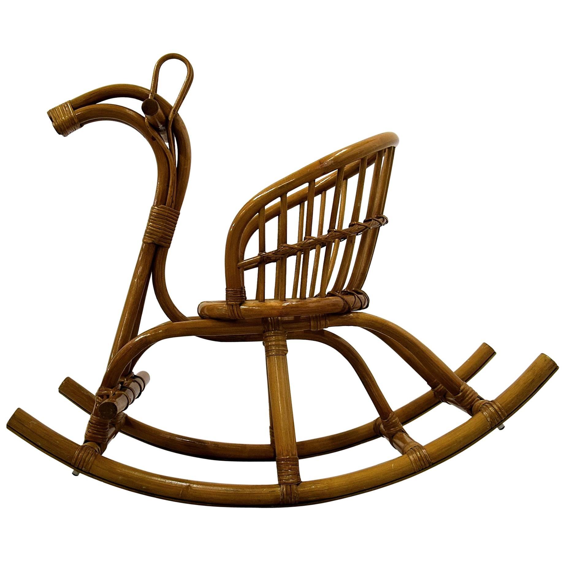 Mid century modern Wicker and Bamboo Rocking Horse For Sale