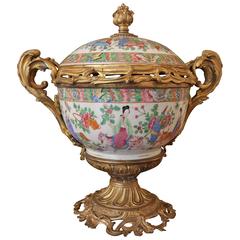 19th Century Chinese Cantonese Porcelain Boll with Lead Bronze Mounted
