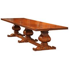 Monumental French Style Walnut Farm Table with Three Center Carved Legs