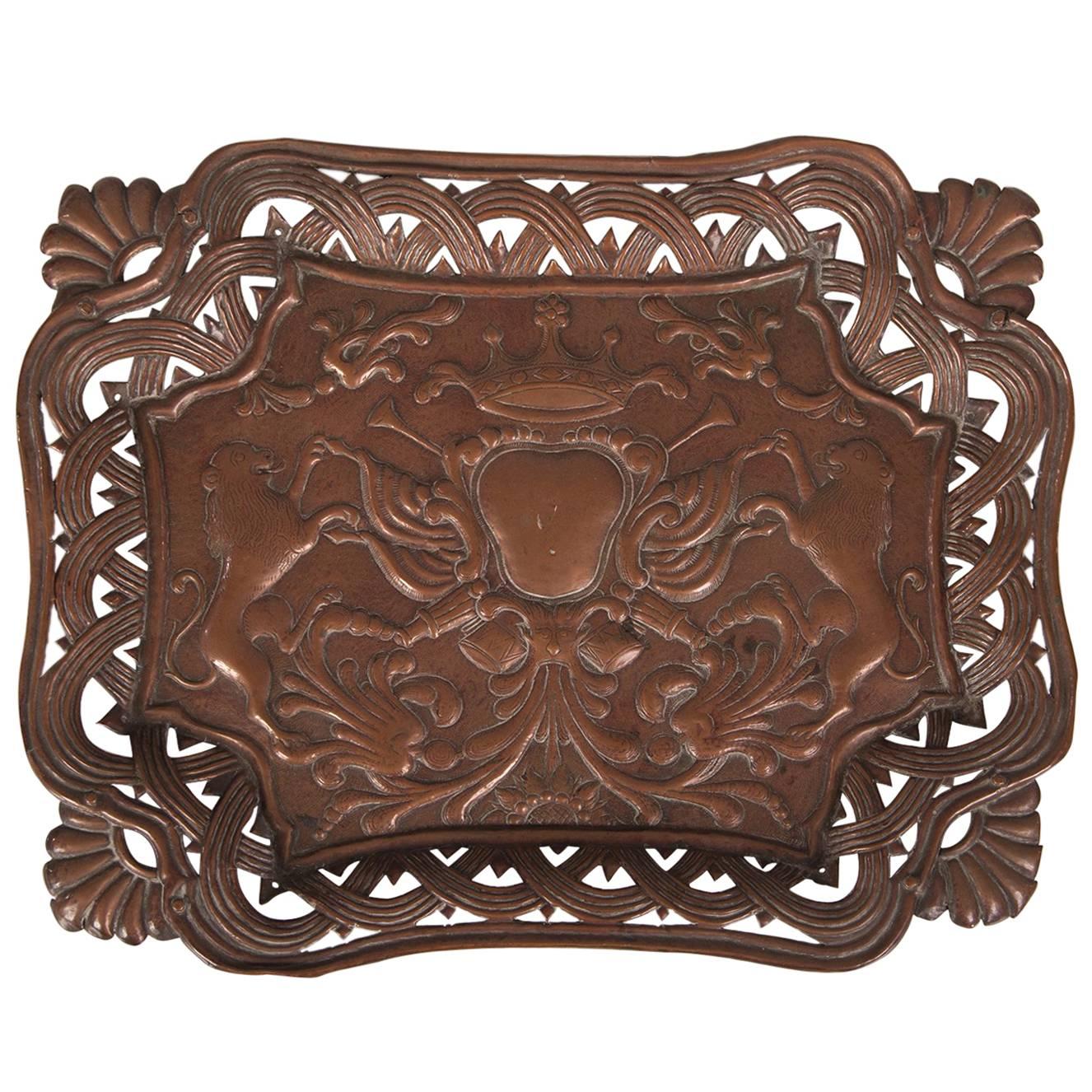 Antique French Copper Tray with Heraldic Lions, circa 1890 For Sale
