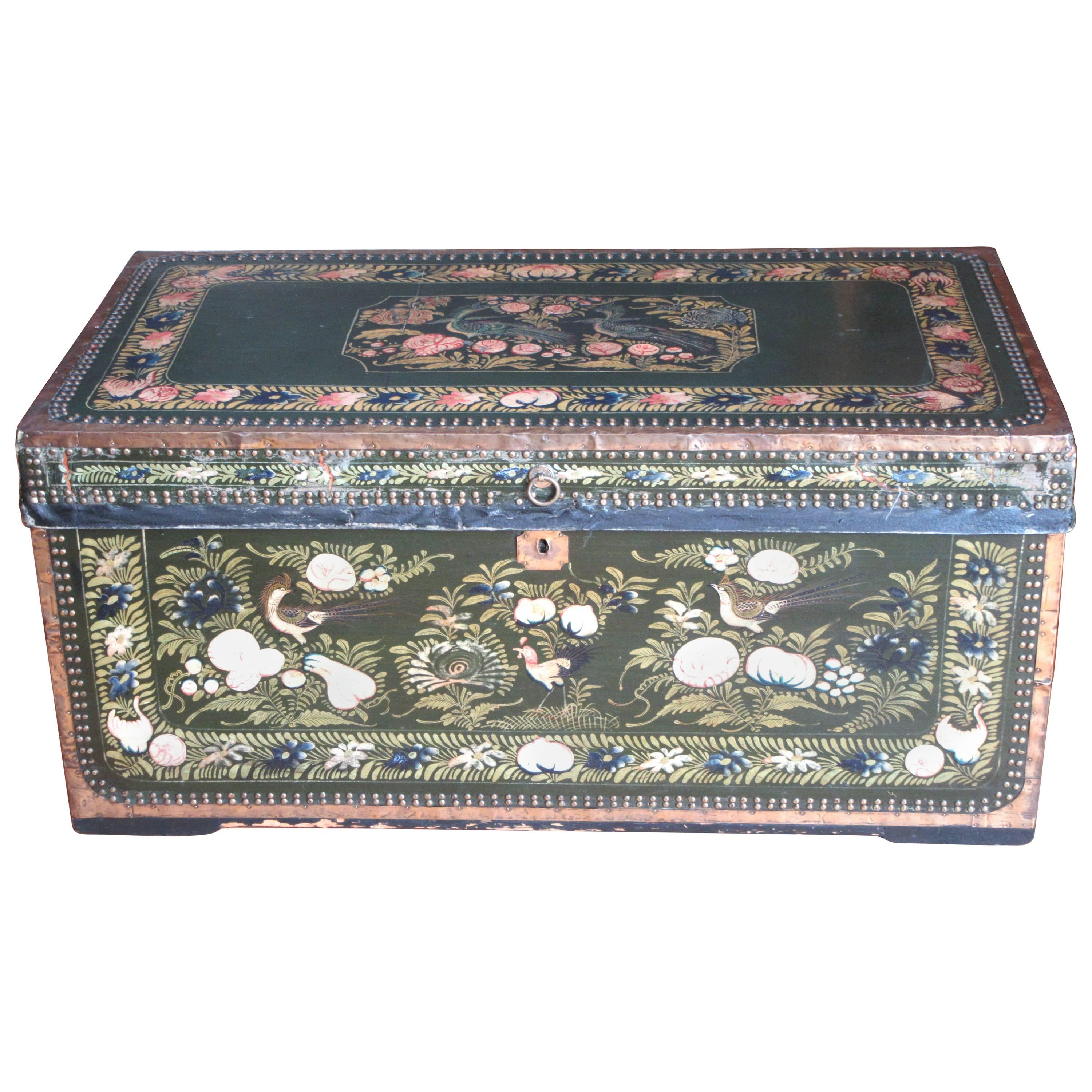 Large Hand-Painted Leather and Camphor Wood Chinese Export Trunk