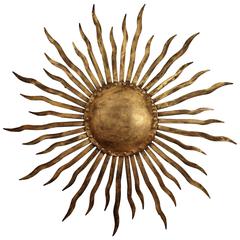 Large Spanish, 1950s Brutalist Hand-Hammered Gilt Iron Sunburst Wall Sculpture 6
