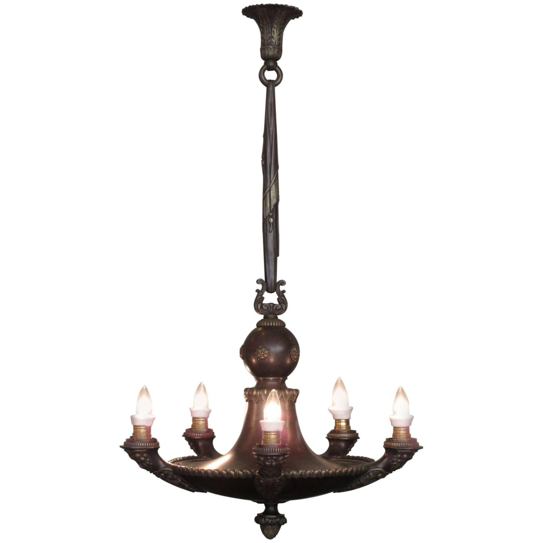 19th Century French Empire Patinated Bronze Chandelier with Neoclassical Motifs