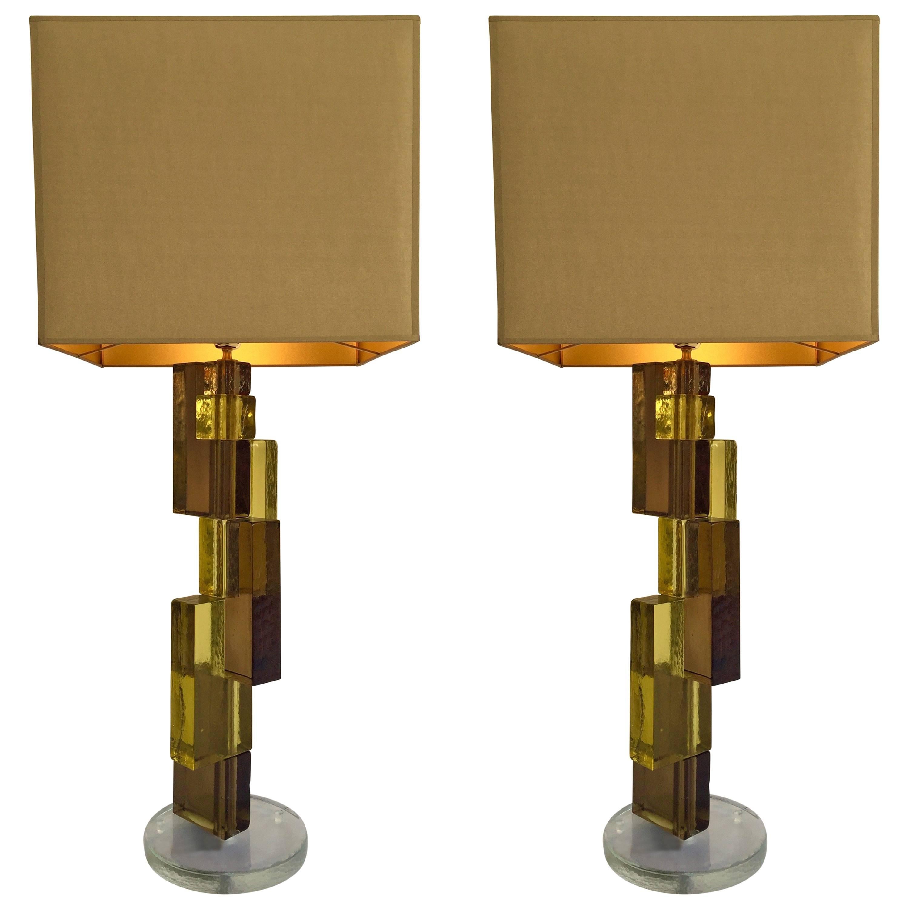 Contemporary Pair of Lamps Cubic Murano Glass and Brass