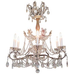 Early 20th Century Italian Genoese Giltwood and Ivory Painted Crystal Chandelier