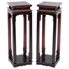 Pair of Chinese Tall Red and Black Display Tables 1