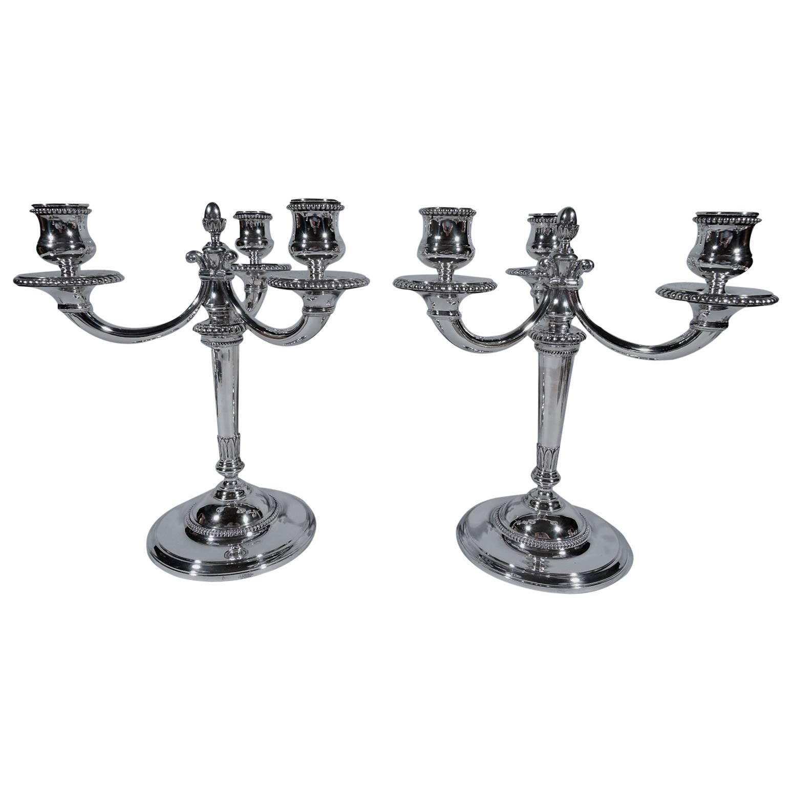 Pair of Cartier French Silver Three-Light Modern Classical Candelabra