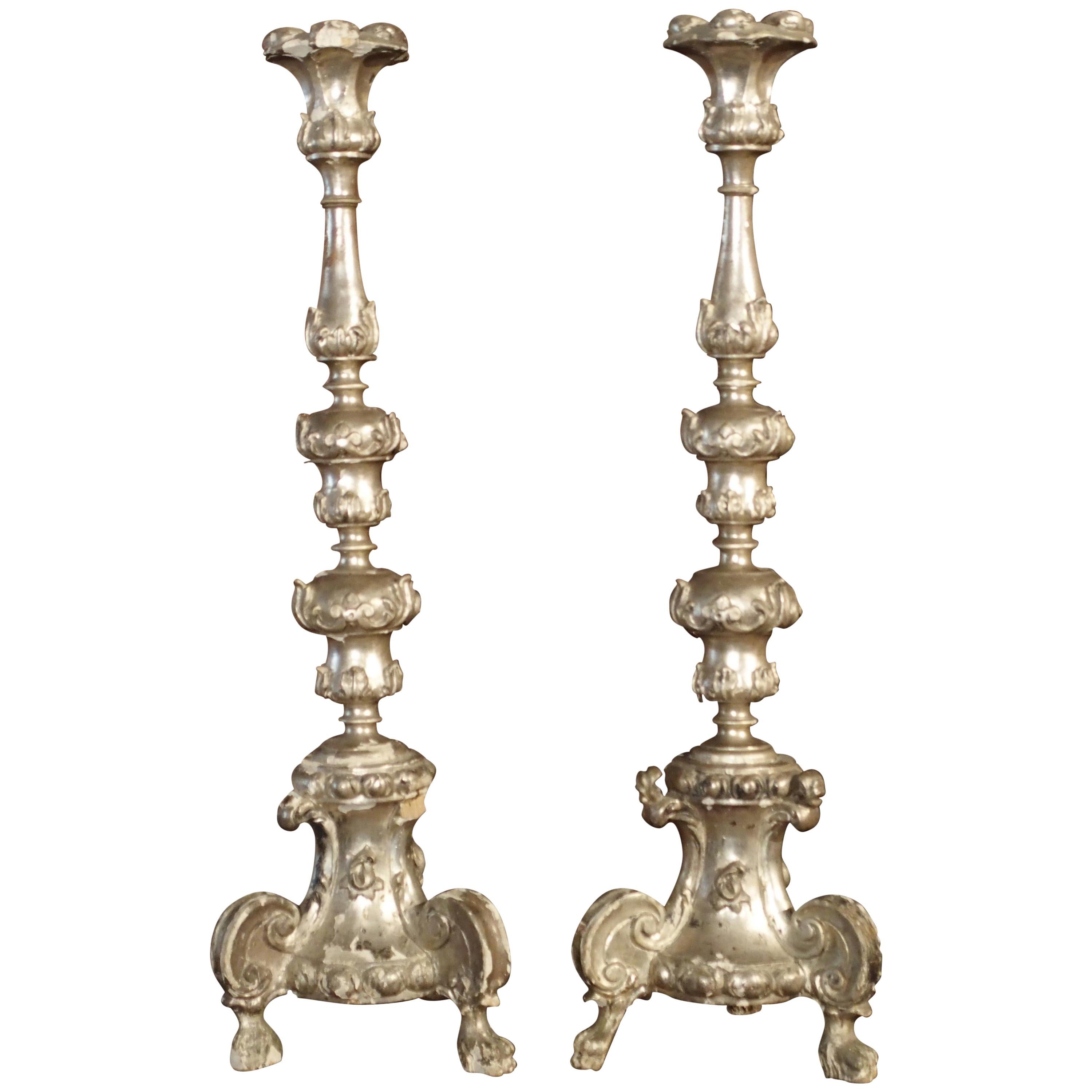 Pair of Tall 17th Century Silverleaf Candlesticks from Italy