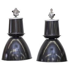 Pair of Huge Industrial Black Enameled Factory Lamps 7